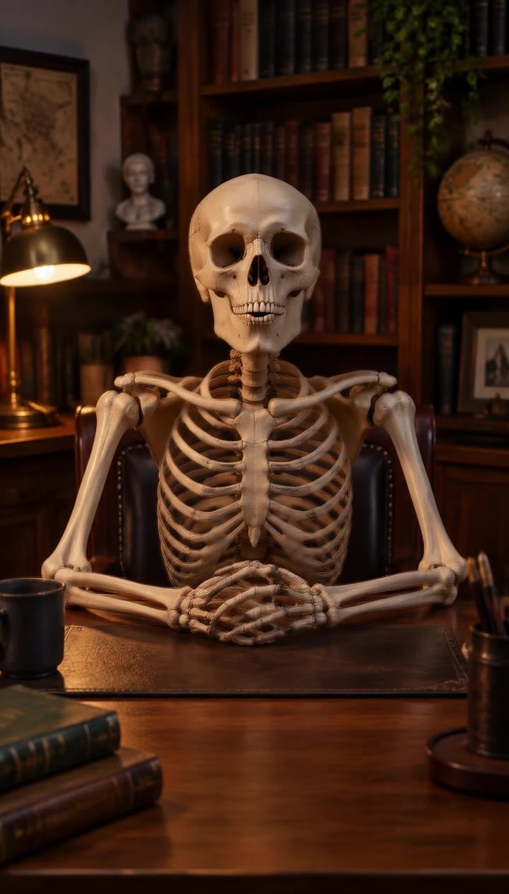 Skelet dat naar de camera kijkt aan een houten bureau in een warm verlichte studeerkamer met boeken, een lamp en een wereldbol