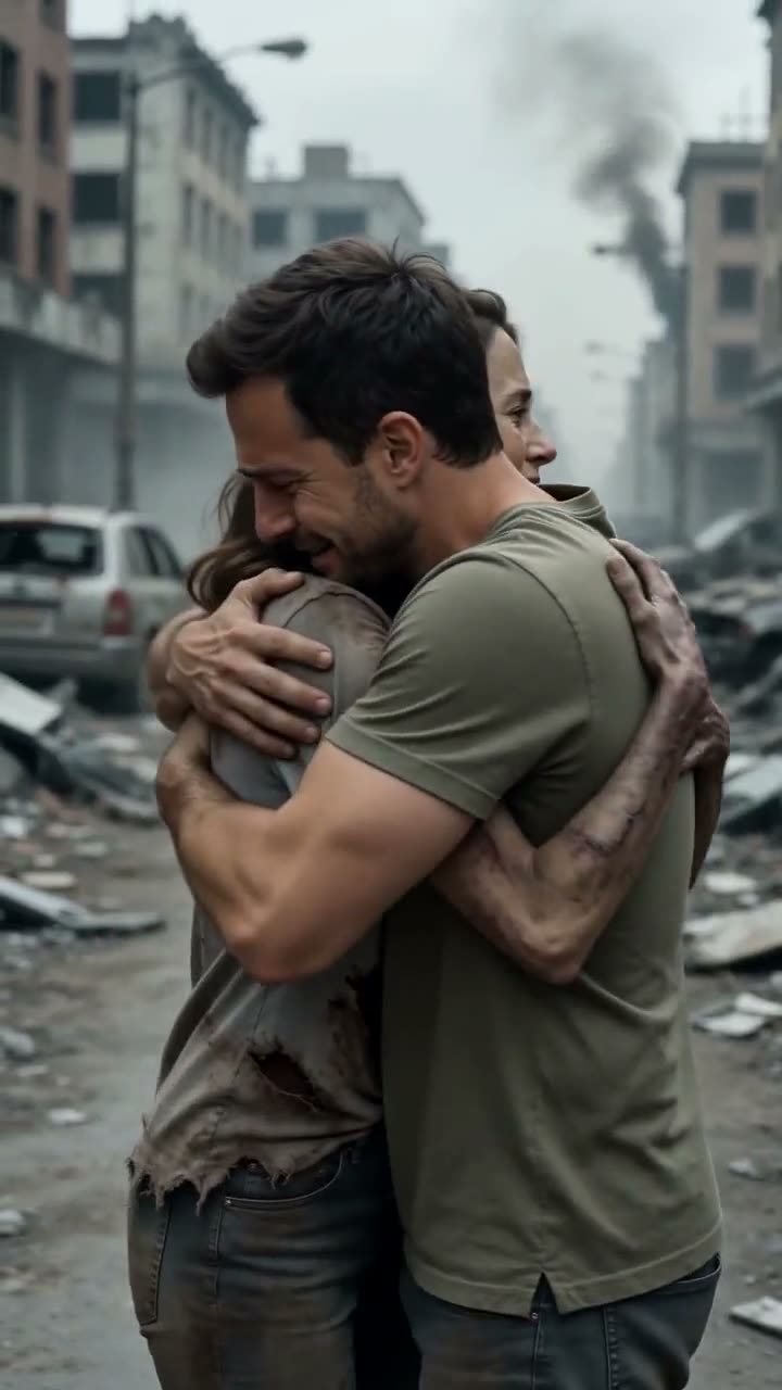 Externe visuele referentie van een tedere omhelzing tussen een mens en zombiepartner, die de korte scène haar emotionele focus geeft.