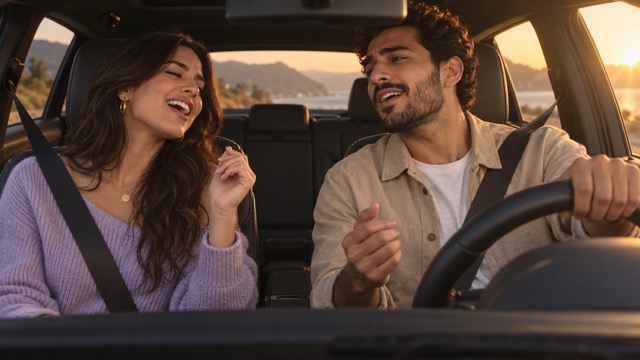 Externe referentie van twee volwassenen tijdens een ontspannen optreden in een warm, door daglicht verlicht auto-interieur.
