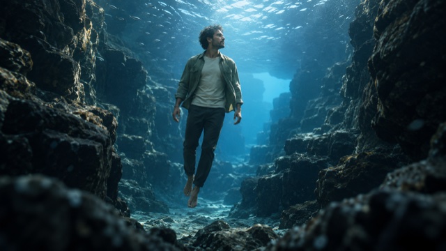 Man in een grijsgroene jas en broek zweeft tussen rotswanden onder water, met licht vanaf het oppervlak en kleine vissen in de verte.