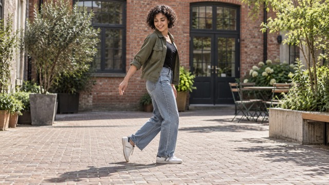 Vrouw in een groene jas, jeans en witte schoenen in profiel op een geplaveide binnenplaats, met één hiel omhoog en de andere voet plat op de grond.