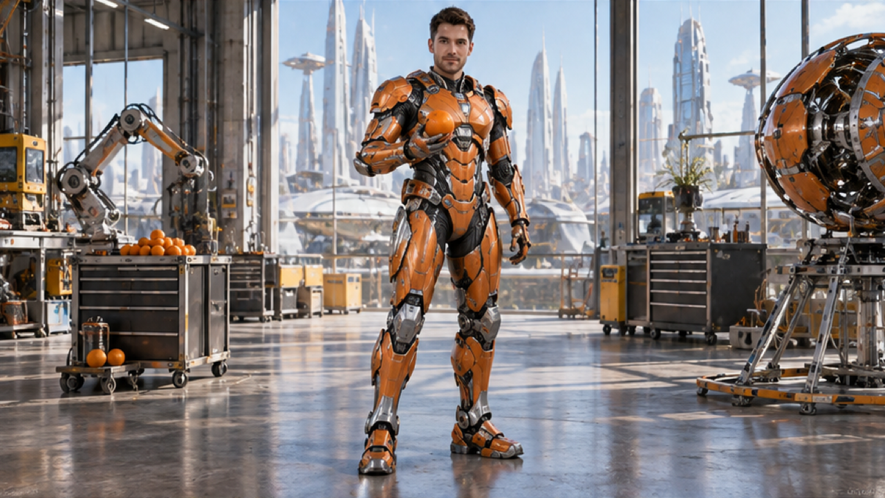 Persoon met onbedekt gezicht in een oranje scharnierend pantser houdt een sinaasappel vast in een helder verlichte werkplaats.
