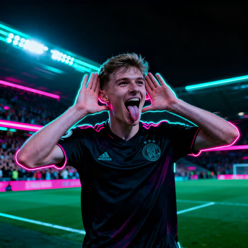 Breder stadionbeeld van een persoon in een donker voetbalshirt met de handen achter de oren en gekleurd licht langs de contouren.