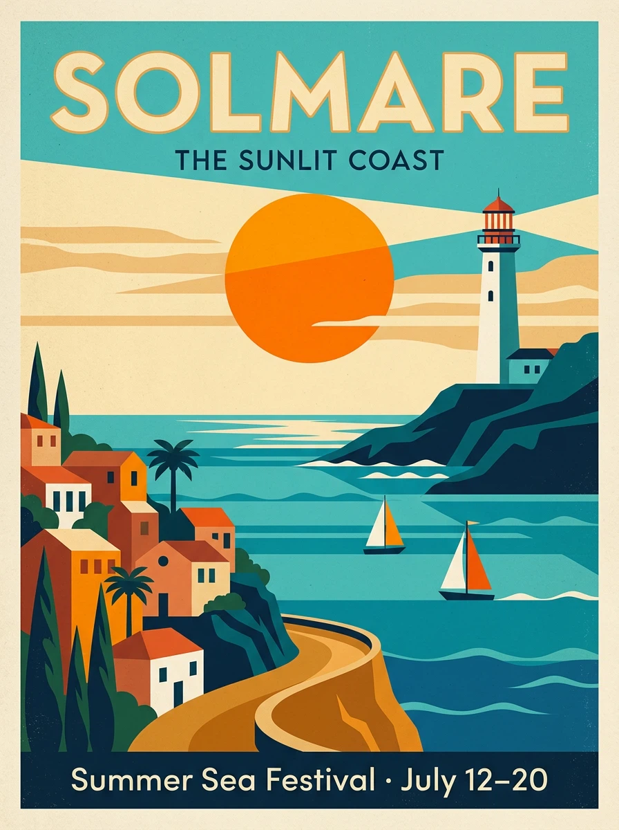 Een geïllustreerde reisposter voor Solmare met een vuurtoren, zeilboten en een zonsondergang aan zee.