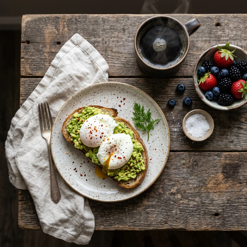 Avocadotoast, gepocheerde eieren, bessen en koffie op een rustieke houten tafel.