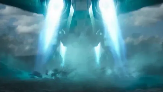 Futuristisch vliegtuig met blauwe motoren boven de wolken.