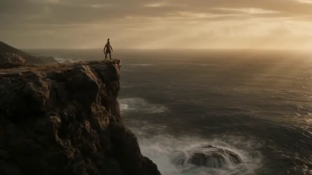 Krijger op een klif boven zee bij zonsondergang.